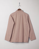 Full-length rear view of #3001, 'dusty pink' organic cotton over shirt with reinforced elbows.