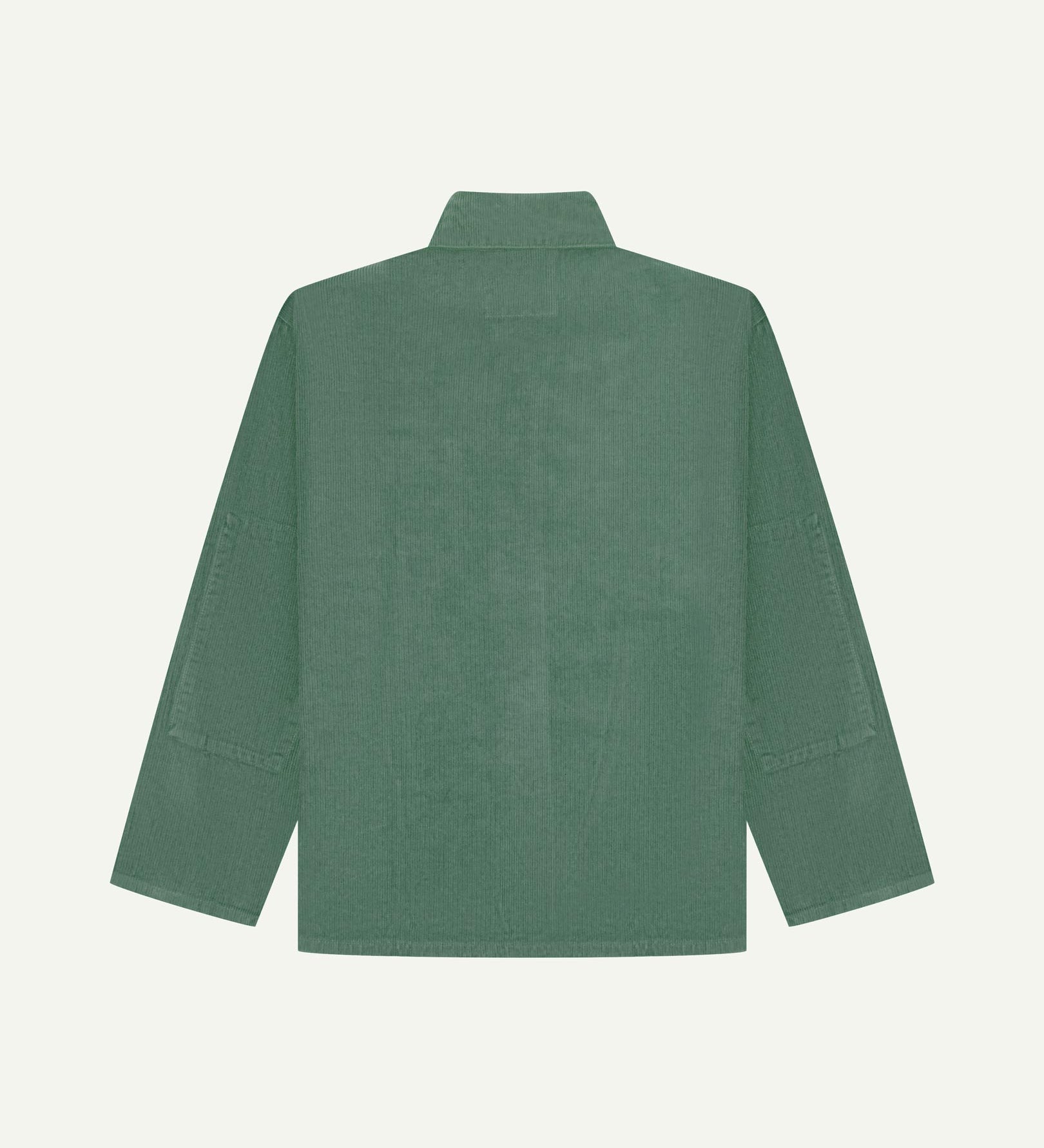Back view of light green, buttoned corduroy overshirt with view of reinforced elbow area and boxy silhouette.