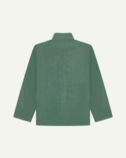 Back view of light green, buttoned corduroy overshirt with view of reinforced elbow area and boxy silhouette.