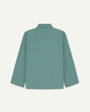Back view of blue-green (eucalyptus), buttoned organic cotton overshirt with view of reinforced elbow area and boxy silhouette.
