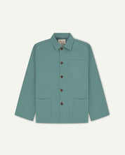 Front flat shot of blue-green (eucalyptus), buttoned organic cotton overshirt. Clear view of chest and hip pockets, corozo buttons and Uskees branding label.