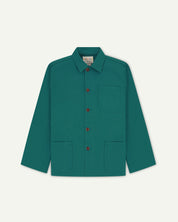 Front flat shot of foam green men's overshirt with buttons done up and showing uskees neck label