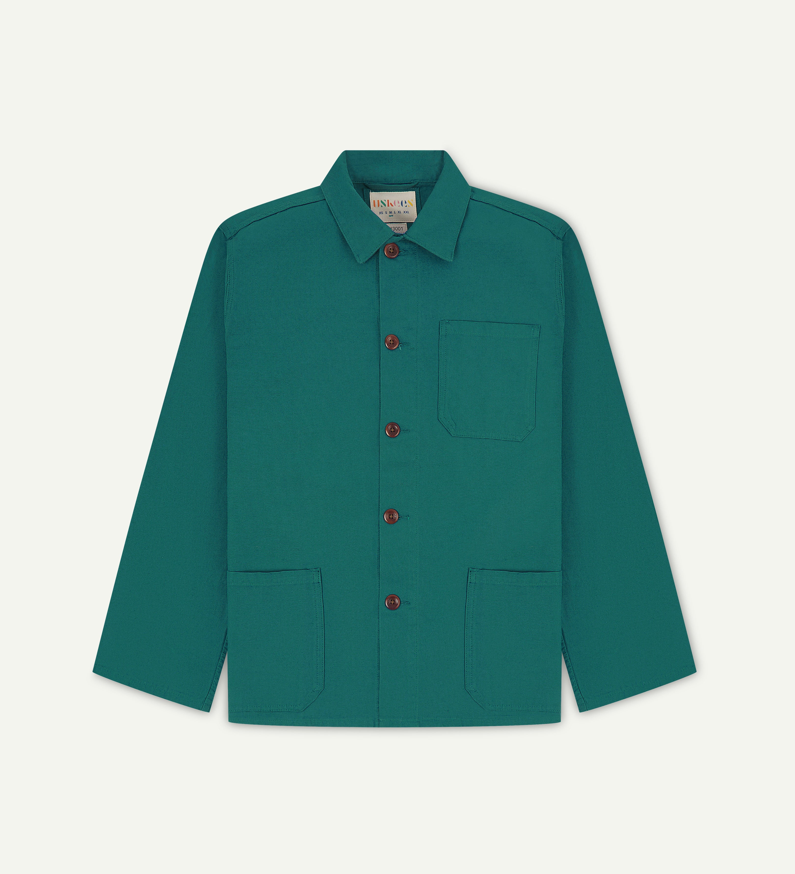 Front flat shot of foam green men's overshirt with buttons done up and showing uskees neck label