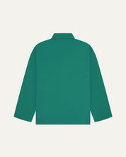 Back view of foam green, buttoned organic cotton overshirt with view of reinforced elbow area and boxy silhouette.