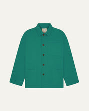 Front flat shot of foam green, buttoned organic cotton overshirt. Clear view of chest and hip pockets, corozo buttons and Uskees branding label.