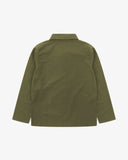 Back view of olive green, buttoned ripstop overshirt with view of reinforced elbow area and boxy silhouette.