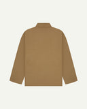 Back view of khaki, buttoned organic cotton overshirt with view of reinforced elbow area and boxy silhouette.