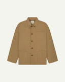 Front flat shot of khaki, buttoned organic cotton overshirt. Clear view of chest and hip pockets, corozo buttons and Uskees branding label.