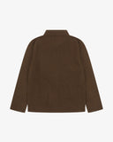 Reverse of brown buttoned linen blend overshirt from Uskees. Showing reinforced elbows and boxy silhouette.