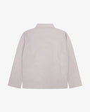 Reverse of lunar stone (light grey) buttoned organic cotton organic cotton overshirt from Uskees. Showing reinforced elbows and boxy silhouette.