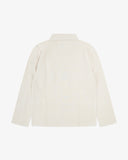 Reverse of off-white buttoned linen blend overshirt from Uskees. Showing reinforced elbows and boxy silhouette.