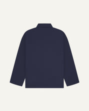 Back view of midnight blue, buttoned organic cotton overshirt with view of reinforced elbow area and boxy silhouette.