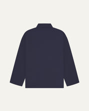 Back view of midnight blue, buttoned organic cotton overshirt with view of reinforced elbow area and boxy silhouette.