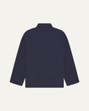 Back view of midnight blue, buttoned organic cotton overshirt with view of reinforced elbow area and boxy silhouette.