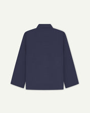 Back view of midnight blue, buttoned organic cotton overshirt with view of reinforced elbow area and boxy silhouette.