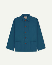 Front flat shot of peacock  blue men's overshirt with buttons done up and showing uskees neck label