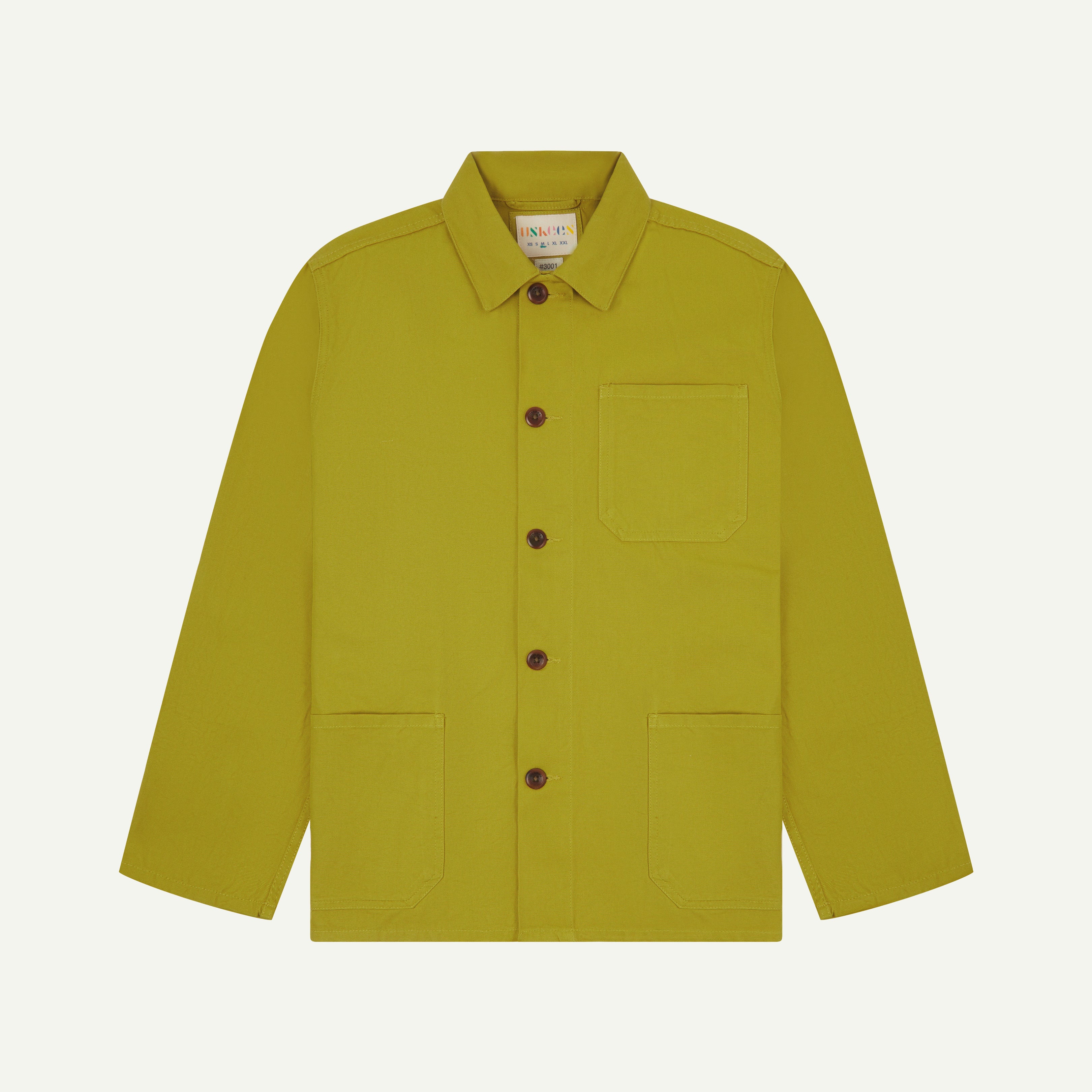 Front flat shot of uskees signature men's overshirt in pear green