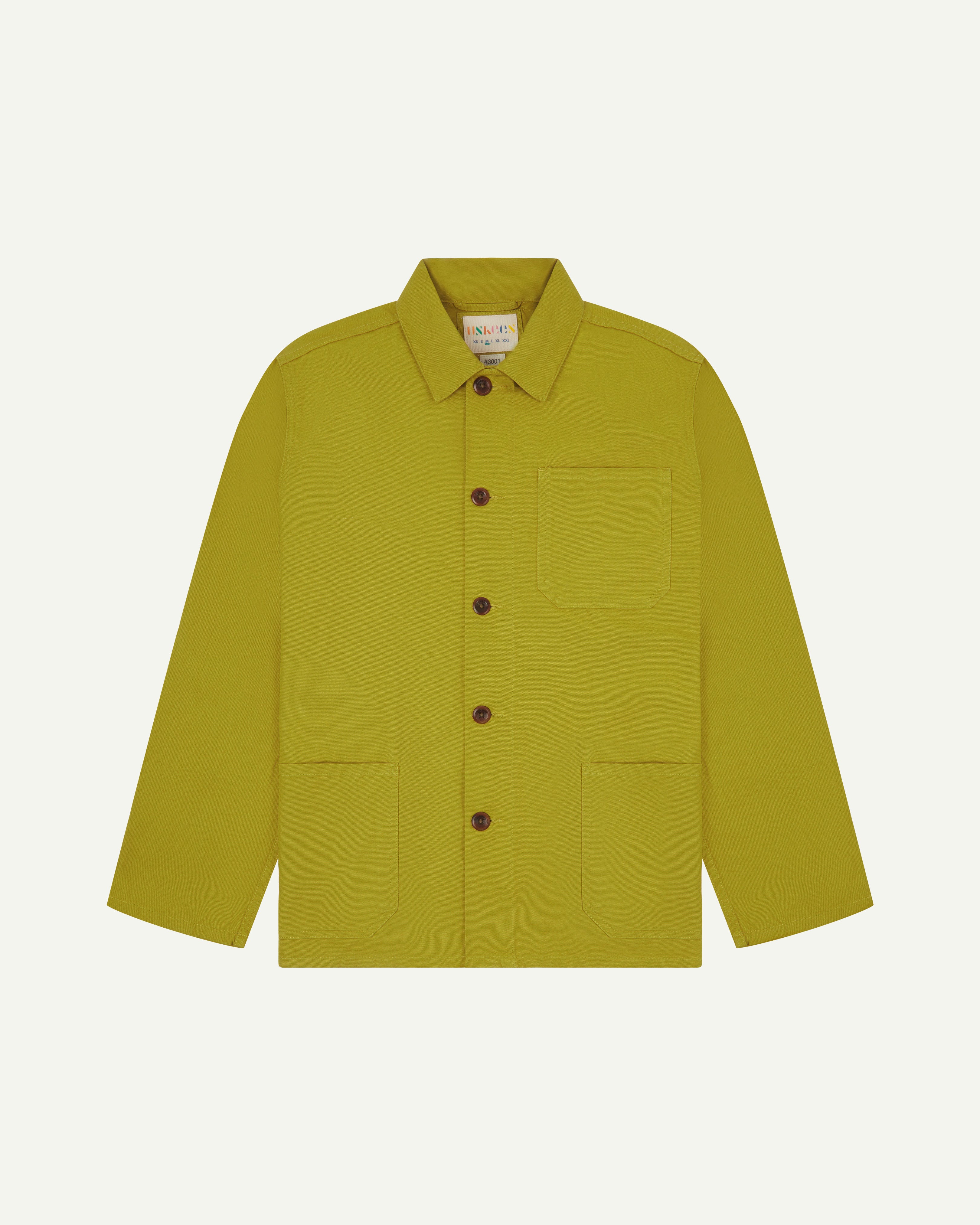 Front flat shot of uskees signature men's overshirt in pear green