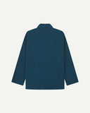 Back view of petrol blue, buttoned corduroy overshirt with view of reinforced elbow area and boxy silhouette.