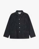 Front flat shot of the dark indigo, raw orta denim buttoned overshirt. Clear view of nickel-free buttons, 3 pockets and reinforced elbows.