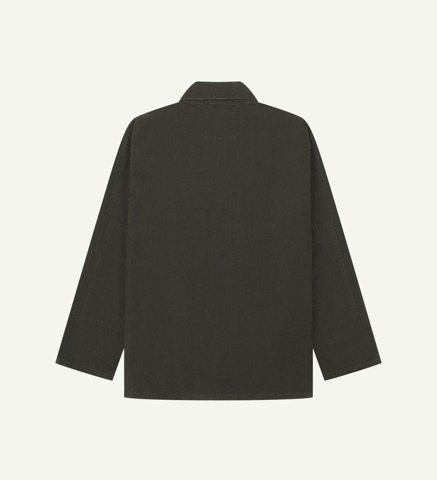 Back view of green-brown (seaweed), buttoned corduroy overshirt with view of reinforced elbow area and boxy silhouette.