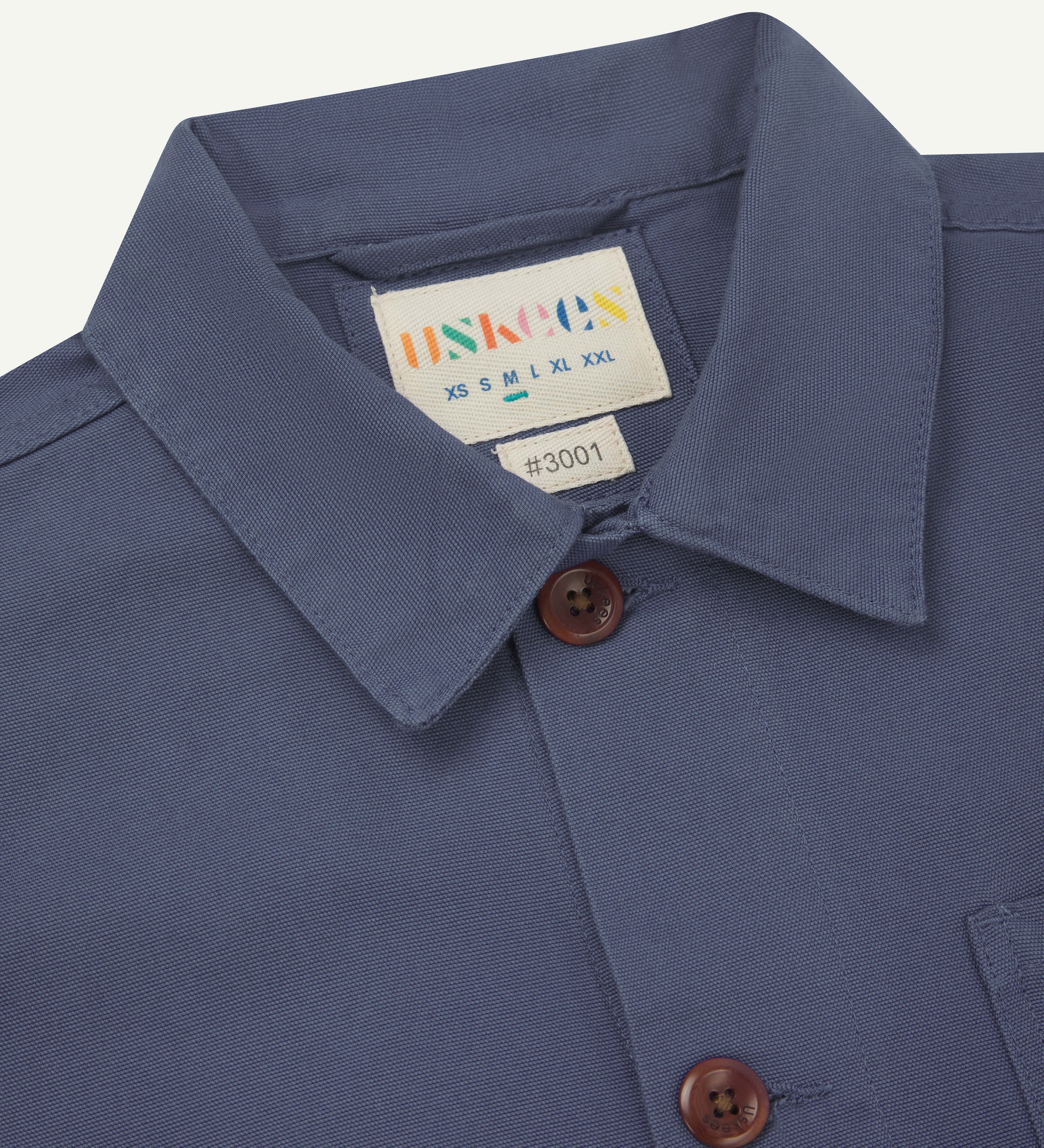 close up of uskees #3001 teal overshirt -collar and front buttons