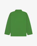 Back view of bright green, buttoned organic cotton overshirt with view of reinforced elbow area and boxy silhouette.