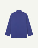 Reverse of ultra blue buttoned organic cotton drill overshirt from Uskees. Showing reinforced elbows and boxy silhouette.