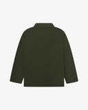 Reverse of vine green buttoned organic cotton drill overshirt from Uskees. Showing reinforced elbows and boxy silhouette.