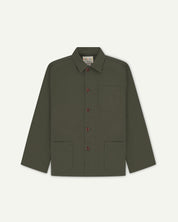 Front flat shot of an uskees dull green men's overshirt showing brown corozo buttons and brand label at neck.