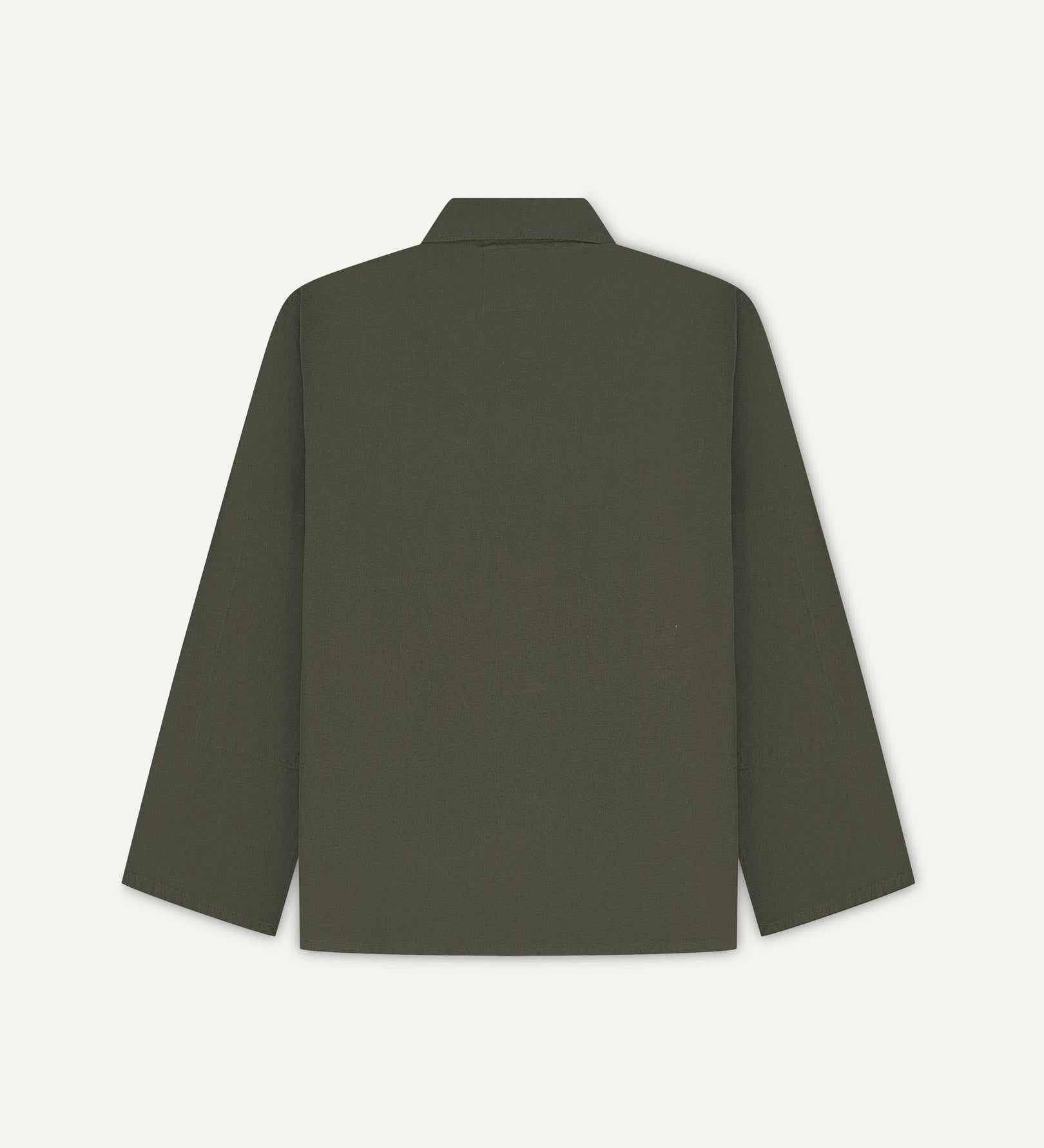 Back view of vine green, buttoned organic cotton overshirt with view of reinforced elbow area and boxy silhouette.
