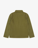 Reverse of khaki-green buttoned linen blend overshirt from Uskees. Showing reinforced elbows and boxy silhouette.