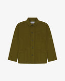 Front flat shot of woodland green, buttoned corduroy overshirt. Clear view of corozo buttons, 3 pockets and Uskees branding label.