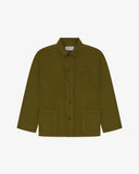Green corduroy shirt jacket for men with button and 3 pocket details on a white background