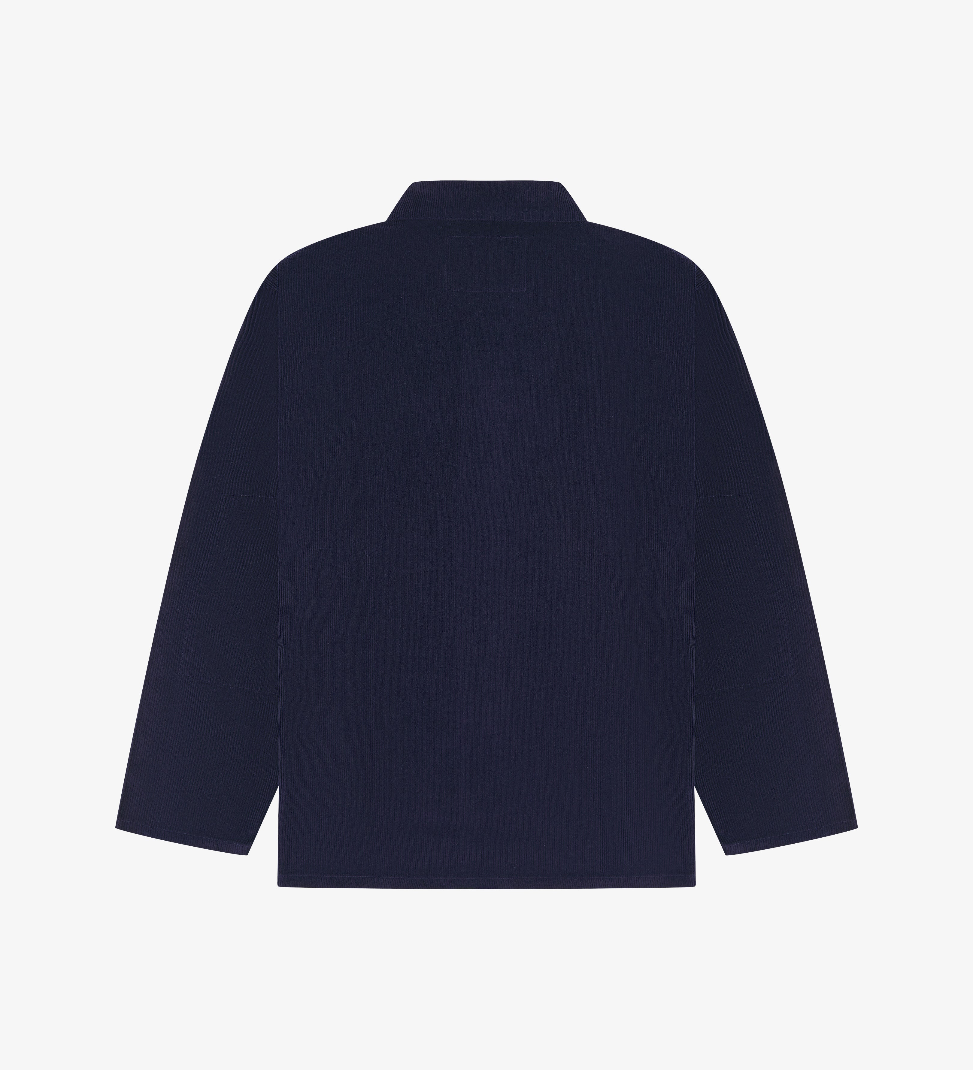 Back view of an Uskees corduroy Indigo blue jacket on a light gray background