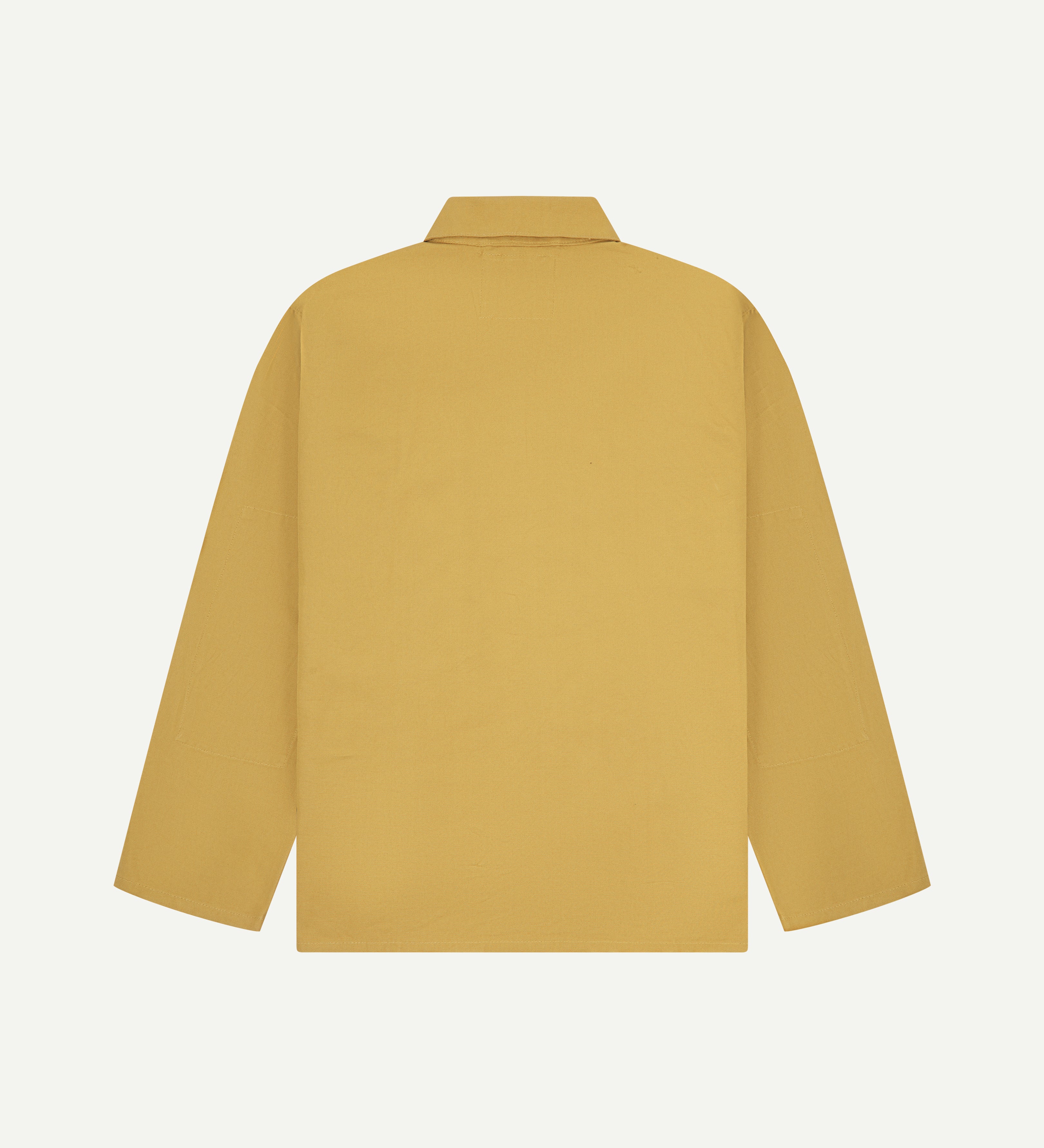 Flat back view of a yellow men's shirt jacket from uskees