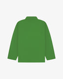 Back flat shot of Uskees organic cotton bright green shacket , presented on a light gray background