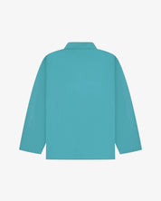 Back flat view of an aqua blue overshirt on a light gray background