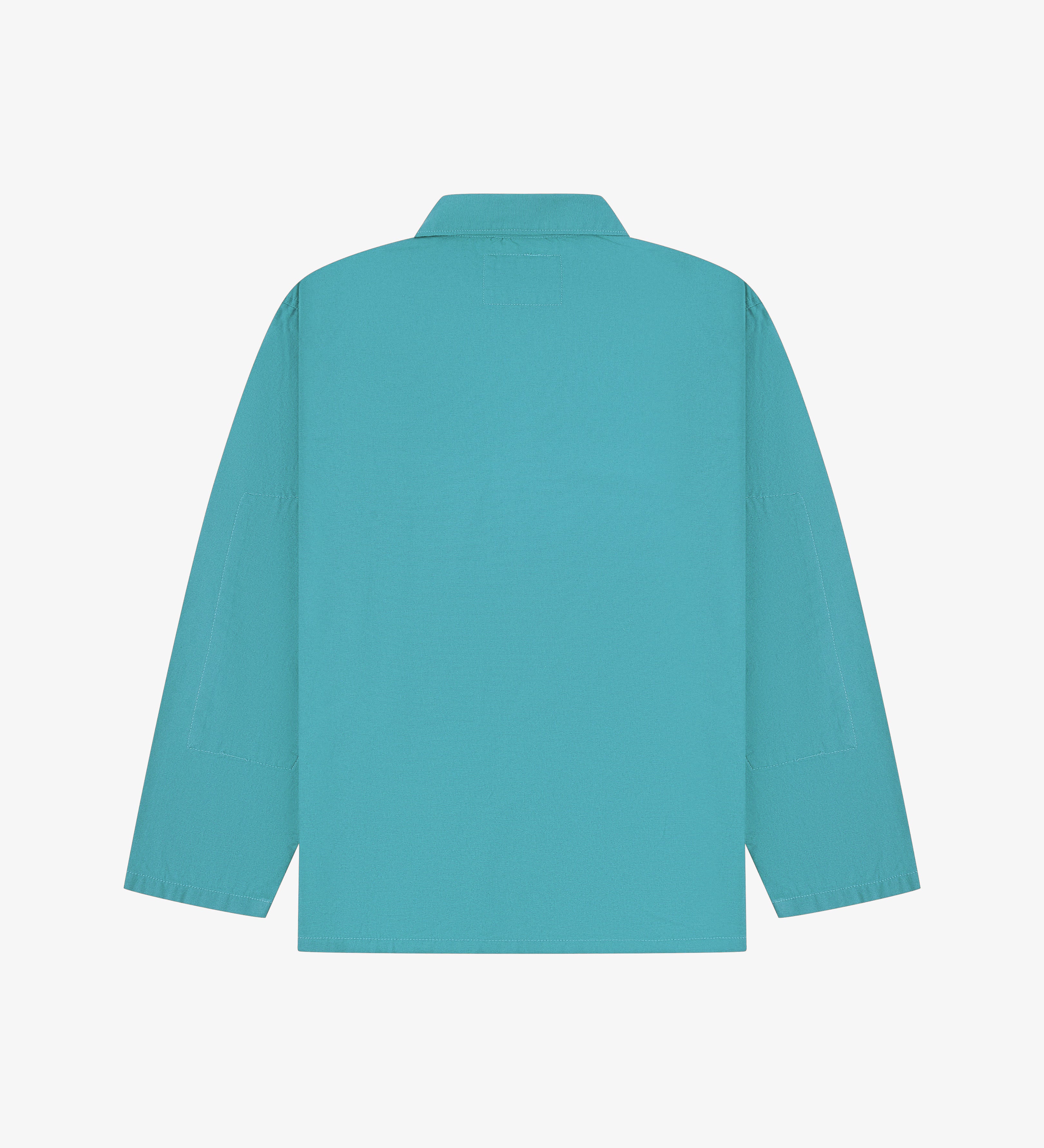 Back flat view of an aqua blue overshirt on a light gray background