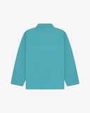 Back flat view of an aqua blue overshirt on a light gray background
