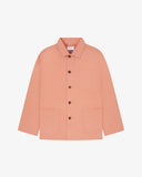 Front flat shot of pink-orange (coral), buttoned organic cotton overshirt. 