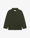 Front flat view of Uskees dark green drill shirt-jacket for men on a light gray background