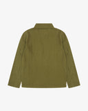 Back flat view of an Uskees green linen blend shirt jacket for men.