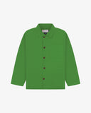 Front flat shot of Uskees organic cotton bright green shirt-jacket with clear view of the Corozo buttons, presented on a light gray background