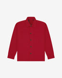 Berry red buttoned organic cotton workshirt from Uskees with clear view of chest pocket and utilitarian silhouette.