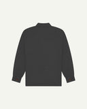 Reverse of charcoal buttoned organic cotton overshirt from Uskees showing reinforced elbows, tailored cuffs and boxy silhouette.