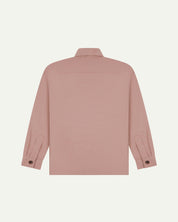 Reverse of dusty pink buttoned organic cotton workshirt from Uskees showing reinforced elbows, tailored cuffs and boxy silhouette.