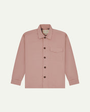 Front flat shot of pale pink buttoned 3003 workshirt from Uskees. Showing chest pocket with flap and corozo buttons.