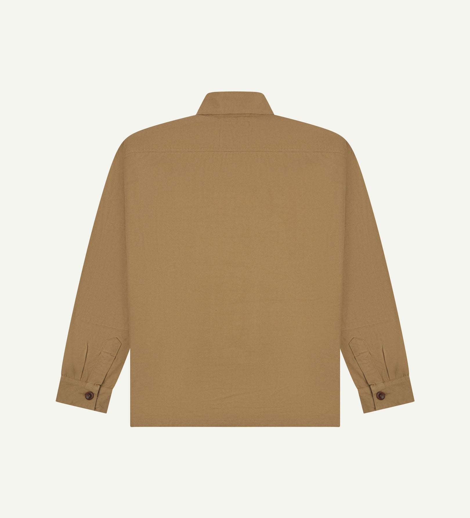 Reverse of khaki buttoned organic cotton workshirt from Uskees showing reinforced elbows, tailored cuffs and boxy silhouette.