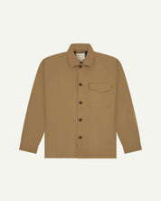 Khaki buttoned organic cotton workshirt from Uskees with clear view of chest pocket and Uskees branding label.